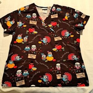 Scrubstar Thanksgiving women's size Large scrub top uniform top, NWT